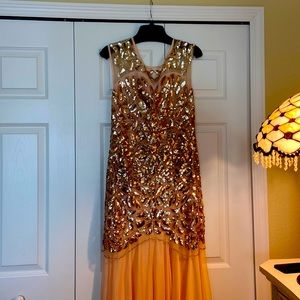 Beautiful sequence coral floor length gown, sleeveless, low back, sheer chiffon